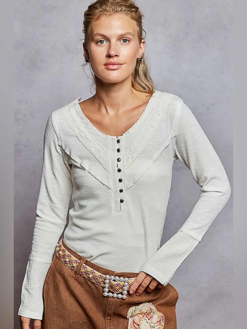 POL Ribbed Half Button Lace Detail Knit Top Medium